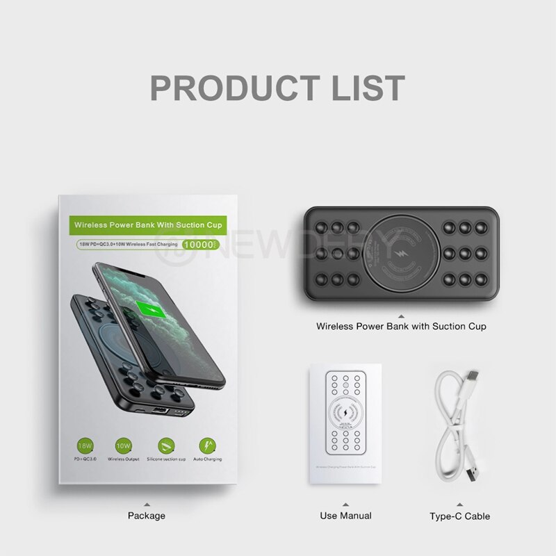 Draadloze snelladende powerbank 10000 voor iphone 11, draagbare zuignappen, draadloze draagbare oplader voor iphone 11 pro, zwart