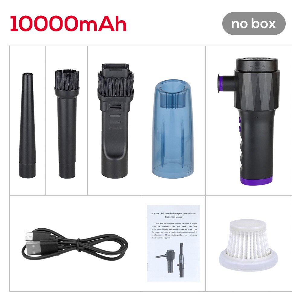 Langaton pölynimuri johdoton käsikäyttöinen auton pölynimuri kannettava tehokas sähköinen ilmapuhallin tietokoneeseen kotieläinten karvat: 10000 mah nobox