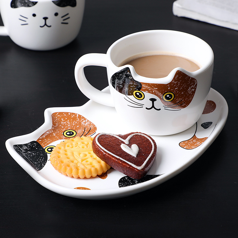 Cute Cat Ceramics Coffee Mug Set Handgrip Animal Mugs With Tray Drinkware Coffee Tea Cups Novelty Milk Cup Breakfast