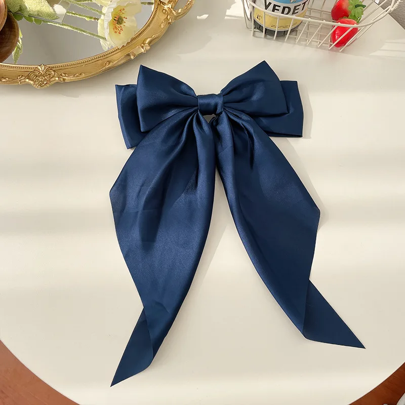 1 Uds. Cinta de satén de Color sólido, lazos grandes, horquilla, Clips de primavera, accesorios para el cabello para mujeres y niñas, sombreros coreanos de de verano 2023: Azul marino