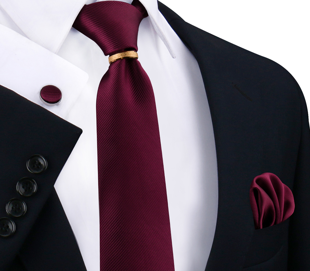 Conjunto de gravatas de seda sólida de luxo para homens gravata lenço abotoaduras com anel de metal dourado broche terno festa de casamento acessórios masculinos