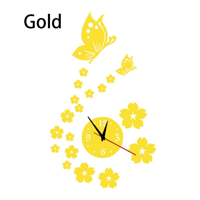 3d diy stereo vlinderspiegel acryl wandklok, muursticker klok, woondecoratie, woonkamer acryl spiegel wandklok: Goud