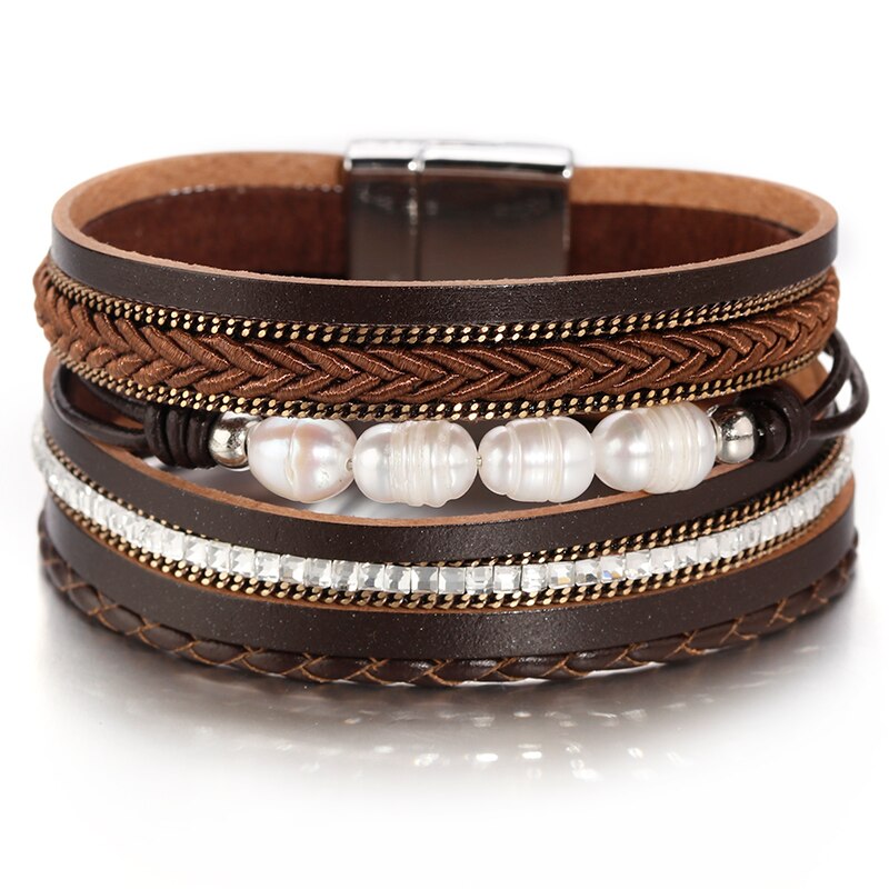 ALLYES Böhmischen Kristall Natürliche Perle Leder Armbänder für Frauen Damen mehrschichtig Geflochten Breite wickeln Armbinde Boho Schmuck: Braun