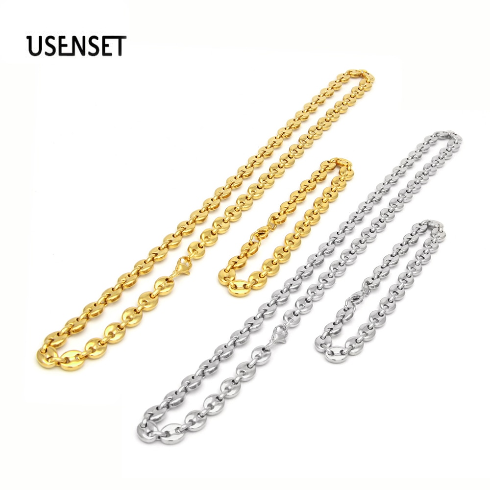 8mm 10mm 13mm koffieboon kettingen voor mannen vrouwen roestvrij staal varkensneus schakelkettingen armbanden choker set valentijnsdag