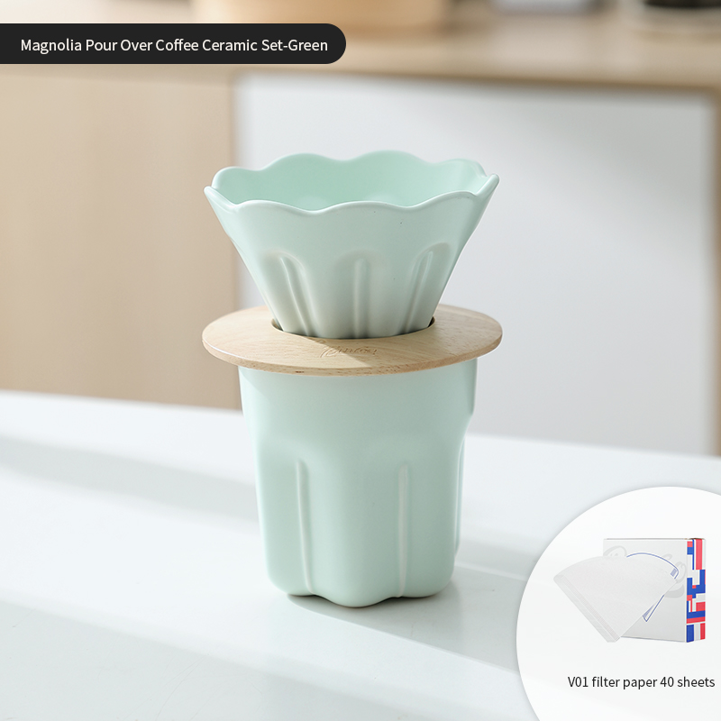 Taza con filtro de café de cerámica V01, juego de tazas de café con filtros reutilizables con soporte de madera, gotero de embudo, taza con filtro de flores, accesorios para café: Verde claro