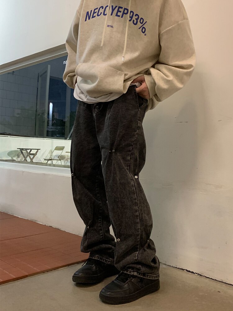 Pantalones vaqueros con remaches para hombre, vaqueros con botones lavados, urbana americana, pantalones vaqueros sueltos informales de Hip Hop, pantalones vaqueros acampanados
