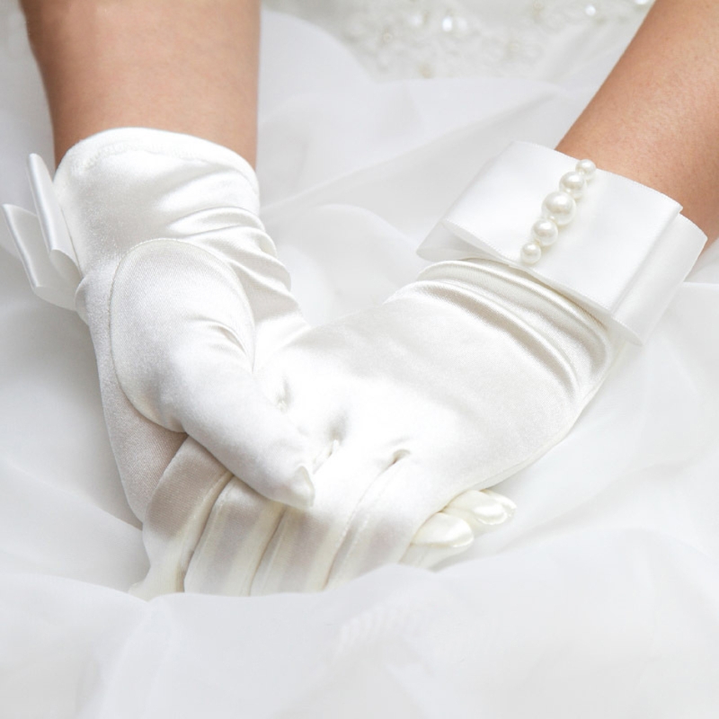 Korte Volledige Vingers Faux Parel Kralen Womens Bridal Wedding Handschoenen Met Boog Satijnen Bruid Handschoenen