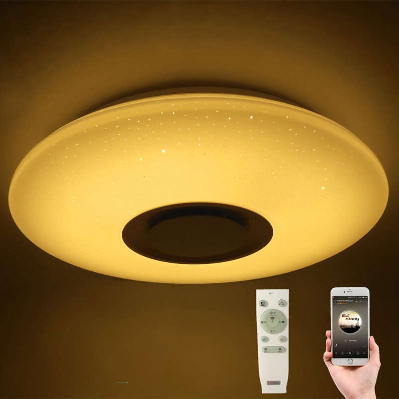 Musik led loftslampe 60w rgb indbygning rund stjernelys musik med bluetooth højttaler dæmpbart farveskiftende lys