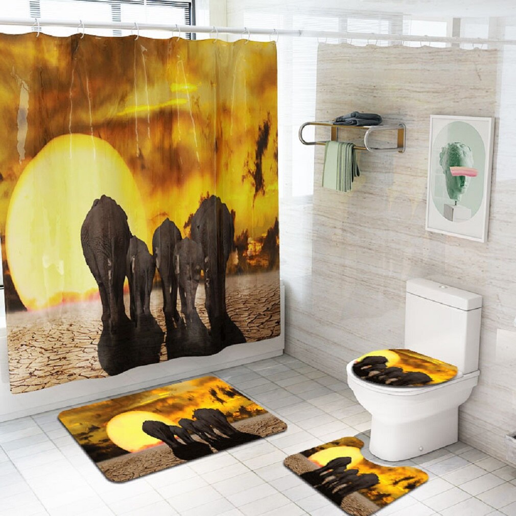 Jul 4 stk/sett baderom moon wolf sklisikker pidestall toalettlokk setetrekk badematte pidestallteppe polyester dusjforheng: D