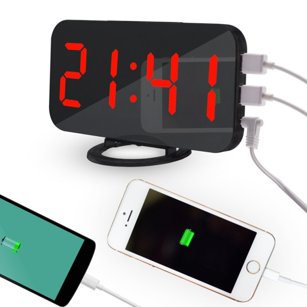 Digital Alarm Clock with Dual USB Charging Ports Large Easy-Read Mirror Surface LED Display Snooze Dimmer Function (Green)