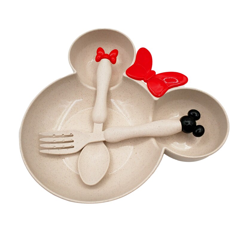 Plato de paja de trigo para bebé, vajilla de dibujos animados, vajilla, Bol para niños, cuchara, tenedor, plato de fruta, cuenco de entrenamiento para niños con platos: Beige(without box)