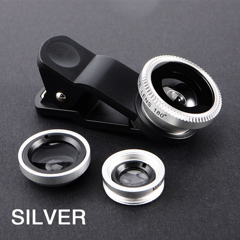 Conjunto de microcámara de ojo de pez 3 en 1, gran angular, ojo de pez móvil con Clip 0.67x, para iPhone y Samsung, Zoom óptico extendido: Plata