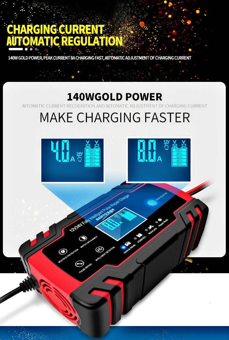 Digital LCD Display Charger Touch Screen LCD Car Battery Charger Pulse Repair 12/24V LCD Fast Power Charging Wet Dry Lead Acid