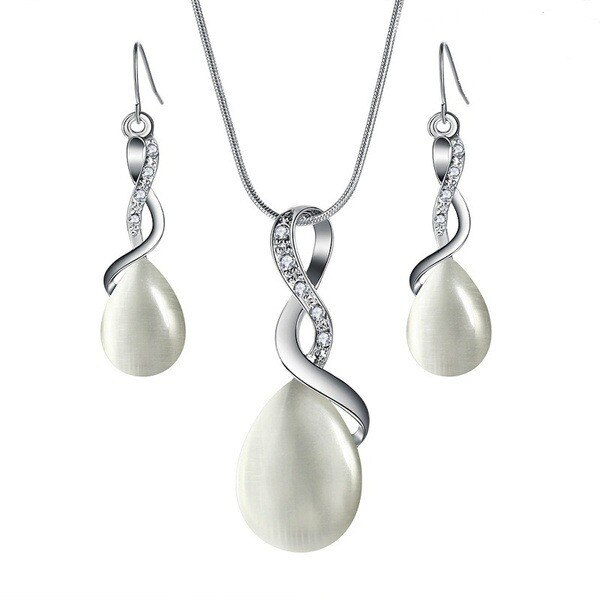 Opal Pendant Necklace Earring Set Two-Piece Zirconia Pendant Necklace Pendant Bride Wedding: White