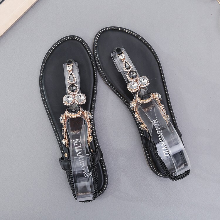 summer woman flat diamonds flat sandal green black color T strap woman crystal flat sandal beach flat rhinestone sandal woman