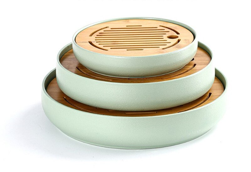 500-1800ml Tea Tray Ceramic+Bamboo Plate Water Storage Tea Table Longquan Celadon Tea Set Round Tea Saucer Tea Plate