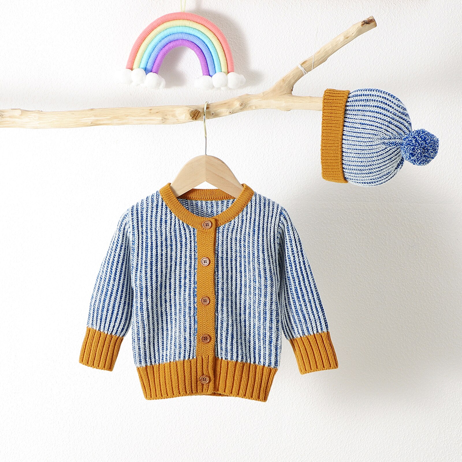 0-18M Casual Peuter Baby Jongen Meisje Jassen + Hat Winter Fall Gestreepte Gebreide Knop Lange Mouw top Uitloper Trui