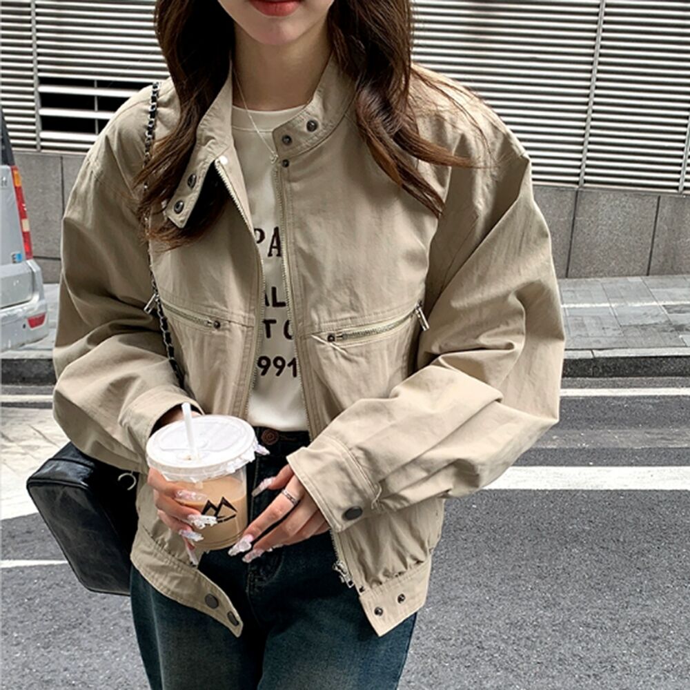Jahrgang Bomber Jacke Frau Herbst Wind dicht Reiß verschluss bis schicke Mantel Spitzen Knopf Kragen lässig verlieren Langarm Oberbekleidung weiblich: S / Beige