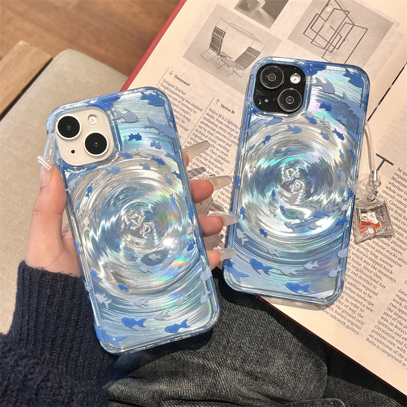 Bonita funda de teléfono para Apple iPhone 16 Pro 14 15 13 Pro Max, funda trasera con colgante de silicona Kawaii Ripple Vortex Fish, fundas 15Pro