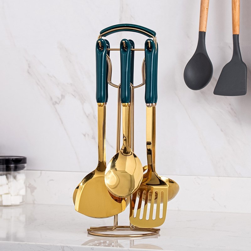 7PCS/Set Stainless Steel Emeraid Soup Ladle Spatula With Holder Ceramics Handle Multi Kitchen Tools Cooking Utensils Set