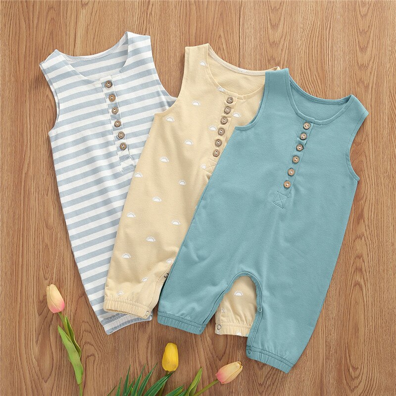 Baby Jongens Meisjes Gestreepte Gedrukt Rompertjes Baby Baby Jongen Meisje Mouwloze Knop Jumpsuit Een Stuk Jumpsuit Zomer Outfits 0-18M