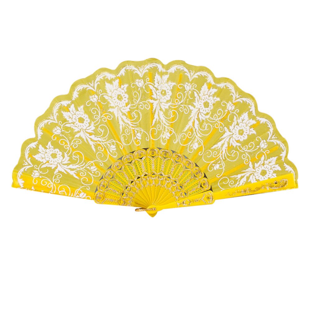 Chinese/Spaanse Stijl Dance Wedding Party Lace Silk Folding Handheld Bloem Fan Rood Roze Blauw Zwart Ivoor Kant bruiloft Decor: YELLOW