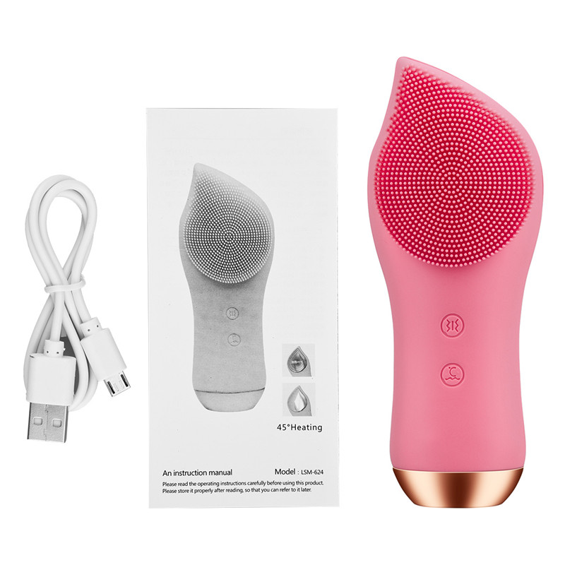 Spazzola per il lavaggio del viso elettrica CkeyiN vibrazione ultra sonora detergente profondo riscaldamento sonico massaggio al silicone naso rimozione di punti neri: rosa