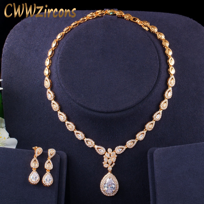 CWWZircons, preciosa circonita cúbica de gota de agua 585, collar y pendientes de oro para mujer para de boda, conjunto de joyería de lujo para novia T405