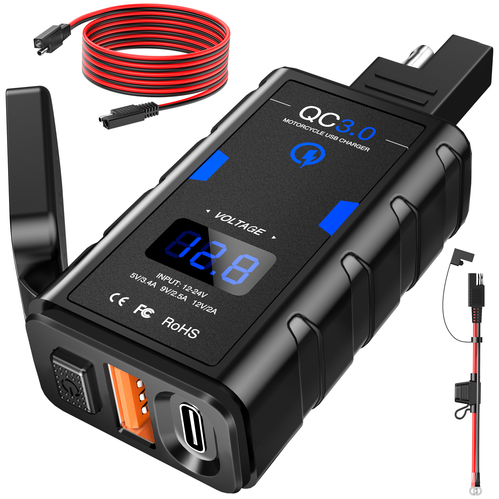 Powstation Waterdichte motorfiets telefoonoplader QC3.0 USB + Type C 6.4A oplader met snoer Voltmeter Moto-voedingsaansluiting: RED
