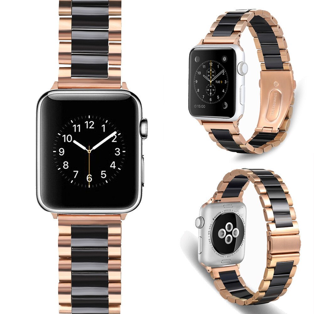 Bracelet en céramique pour Apple Watch, Bracelet en acier inoxydable, luxueux, pour Apple Watch, 5 4, 38mm, 42mm, 40mm, 44mm, iWatch, 5 4 3 2 1: Rose gold Black / for 38mm 40mm