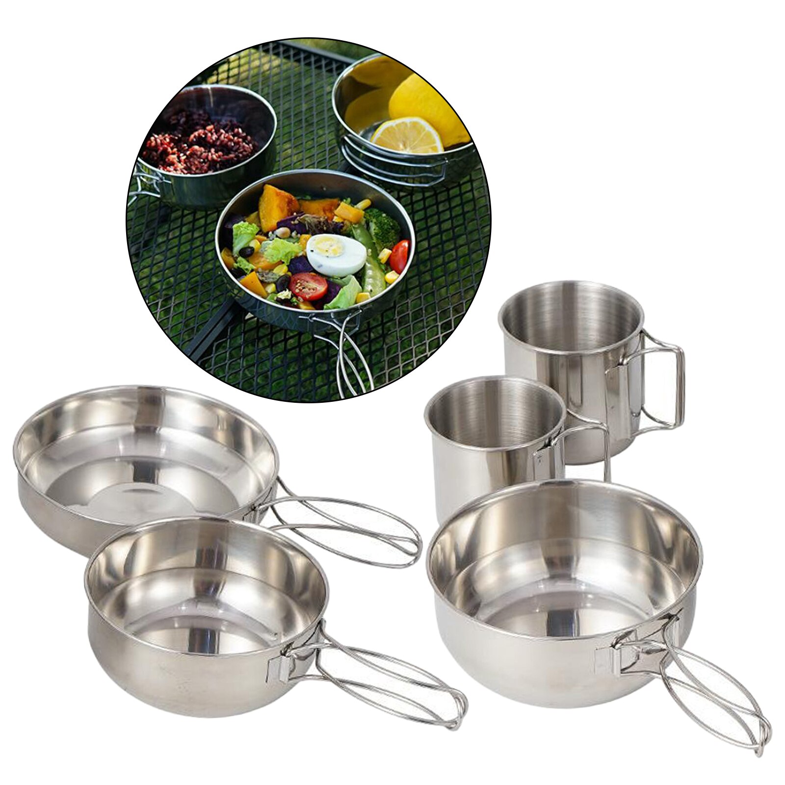 Ensemble de casseroles en acier inoxydable poli, vaisselle de table pour le Camping, comprend 5 pièces, tasses, bols