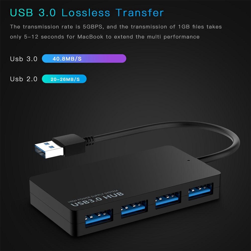 5Gbps High-Speed USB 3.0 Hub 4 Ports USB Splitter Adapter For PC Laptop Power Supply