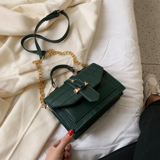 Kamienna skóra ekologiczna z wzorem jednokolorowe torebki Crossbody dla kobiet 2019 mini-łańcuch torba na ramię dama torebki: zielony