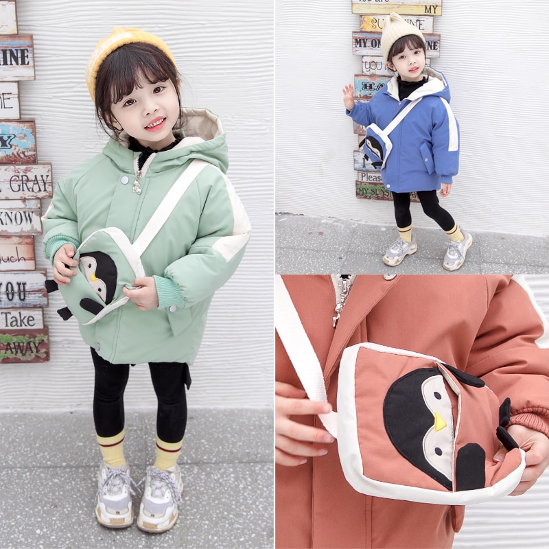 Winterjas voor babymeisjes, dikke, warme parka, 2-7 jaar oude pinguïnrugzak, katoenen jas, winterjas voor babymeisjes, winterkleding voor meisjes