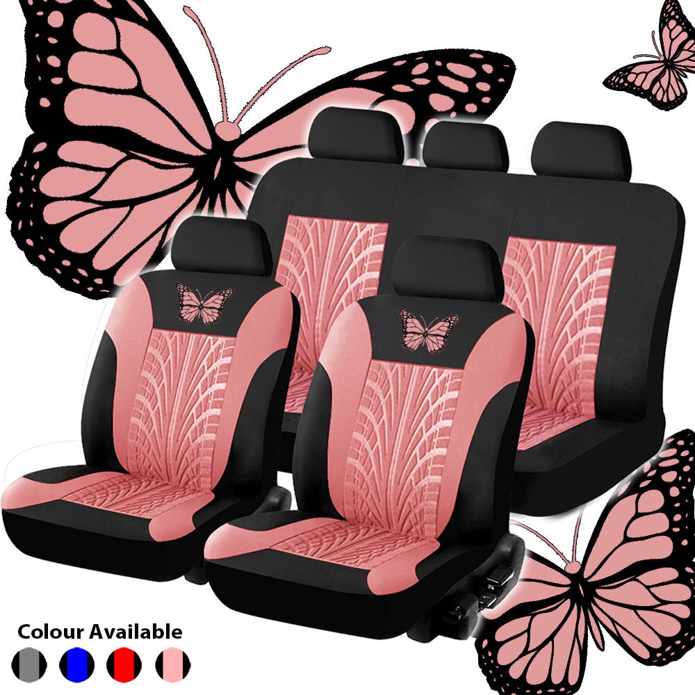 Car Seat Covers Set Universal Fit Most Cars Covers with Butterfly pattern Tire Track Detail Styling Protector covers for the car: A-Pink full set