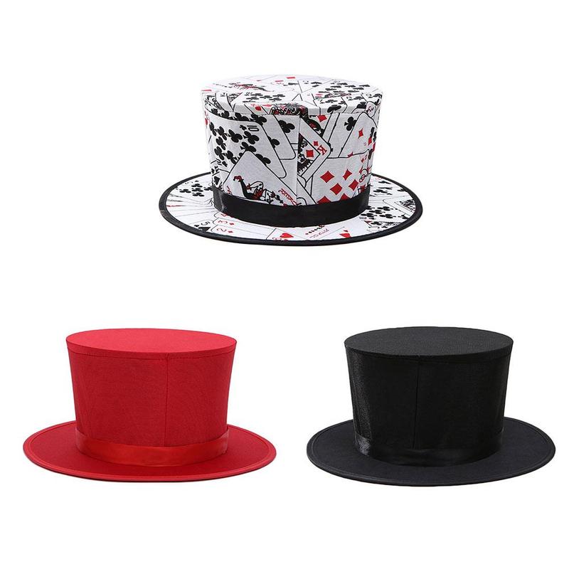 Folding Top Magic Hat Spring Magic Tricks Red Black Playing Card Pattern Appearing Vanishing Hat For Kids Close-up Magic Display