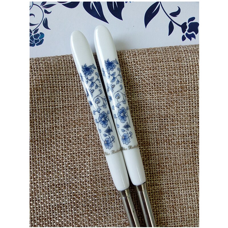 BalleenShiny 1 Pair Stainless Steel Chopsticks Chinese Style Rose Peony Ceramic Handle Anti-skid Chopsticks for Rice
