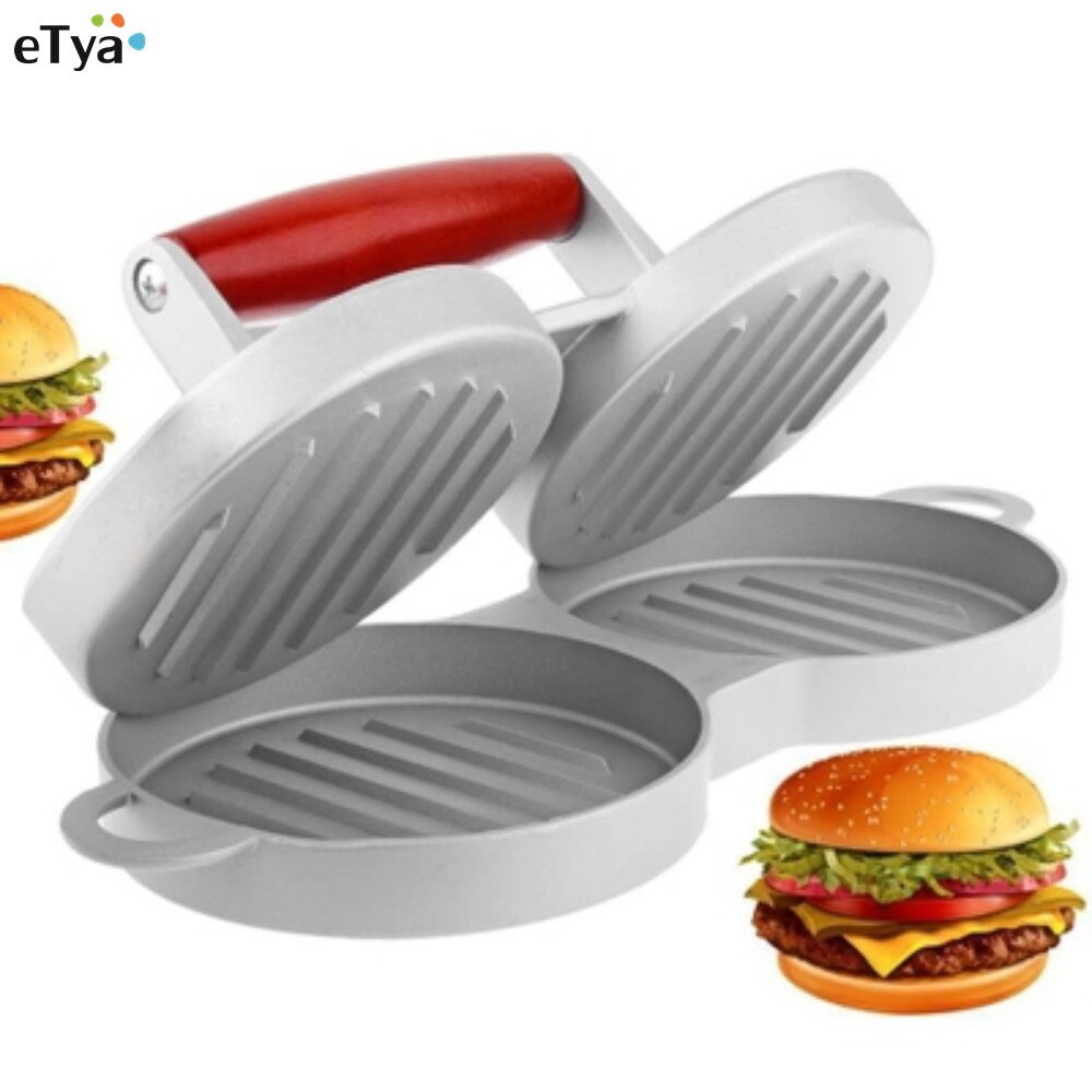 ETya DIY 2 Slots Aluminiumlegering Geen Stok Hamburger Druk Burger Rundvlees Gehaktbrood Maker Patty Mold BBQ Grill Thuis Keuken gereedschap