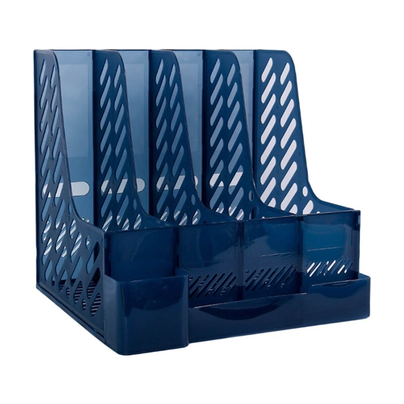 Desktop 4-Raster Bestand Map Verticale Tijdschrift Organizer Met Pen Houder 3 Containers Etiket Venster Voor Kantoor School: Blue