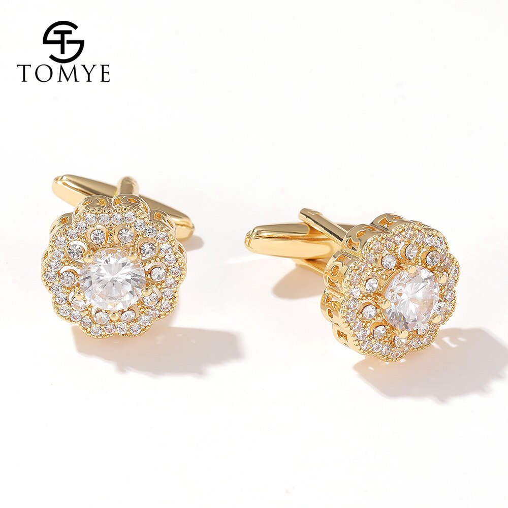 Men Cufflinks TOMYE XK20S004 Luxury Zircon Round Golden Shirt Cuff Links