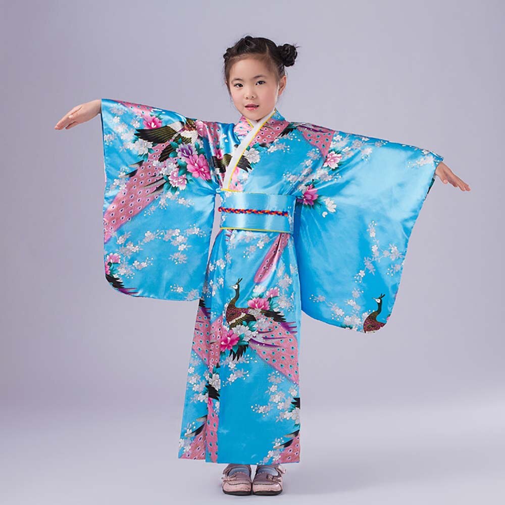 Kinder Mädchen Vintage Floral Kimono Yukata Japanischen Traditionellen Kostüm Silk Satin Kimono Robe Kleid für Kinder Geisha Cosplay: Himmel-Blau / M