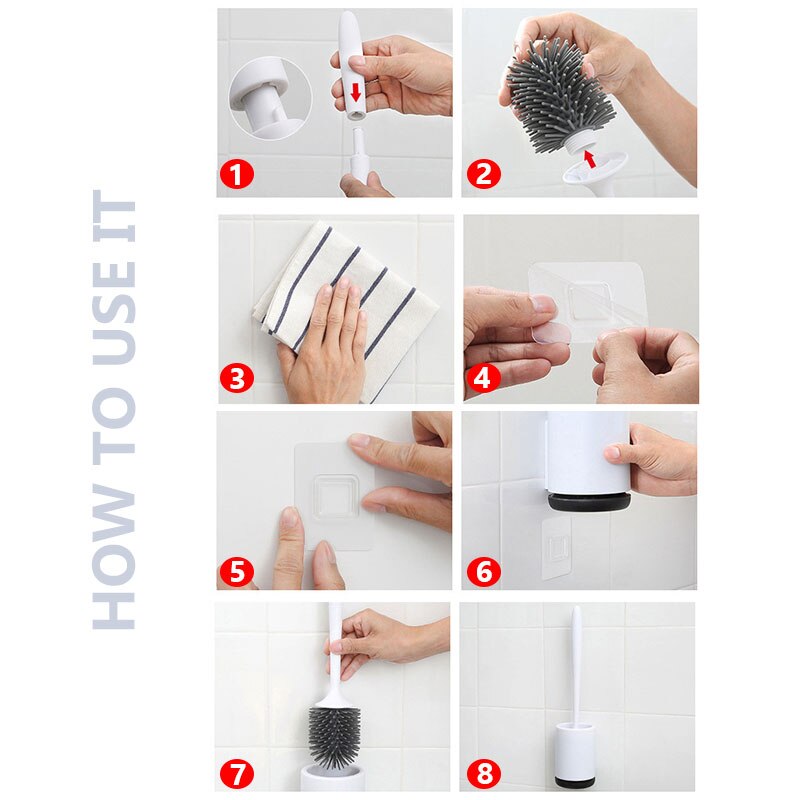 Toiletborstel met rubberen kop en houder, siliconen lange steel, huishoudelijke badkamerreinigingsborstel, wandborstels voor het toilet