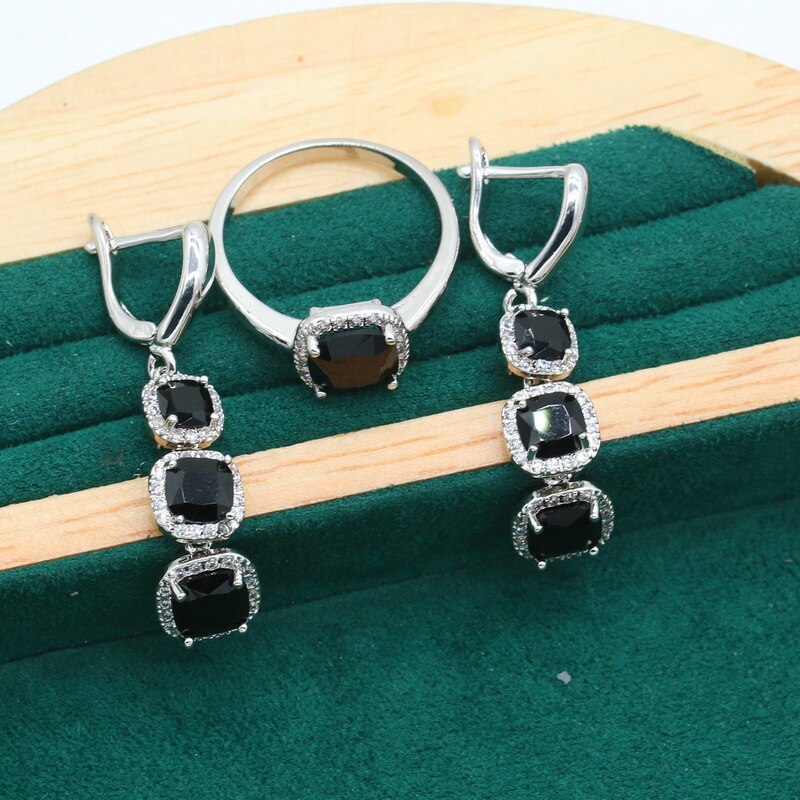 Geometrische Schwarz Zirkonia 925 Silber Schmuck einstellen für Frauen Lange Ohrringe Halskette Anhänger Ring Geburtstag