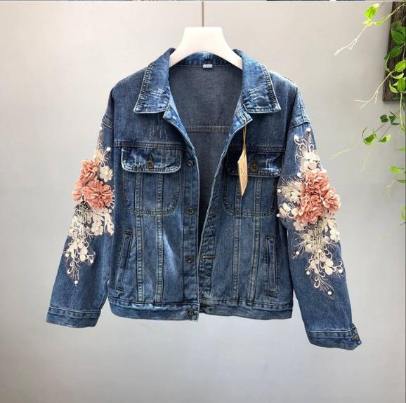 Herbst Frauen Stickerei Drei Dimensionale Blumen Perle Perle Kurze Denim Mantel Frau Lange Hülse Jean Jacke Feminina Mäntel WF08: Dunkelblau / M