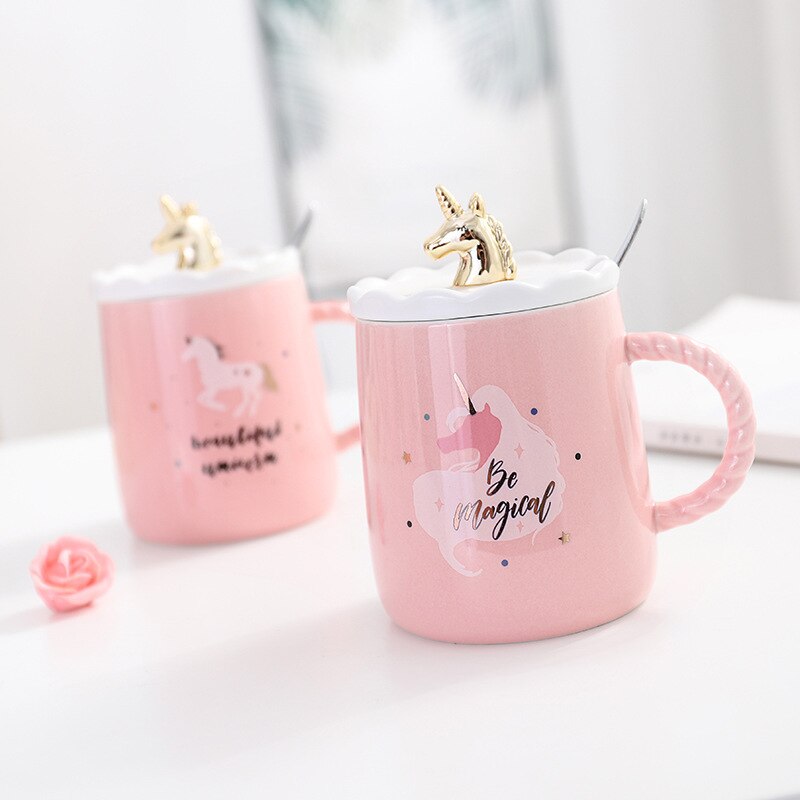 Taza de unicornio rosa, Taza de cerámica con tapa, cuchara creativa, tazas de café de agua
