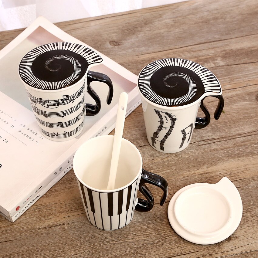 Ceramic Music Cup Musical Note Mug Couple Keyboard Pair Cup with Lid Coffee Cup