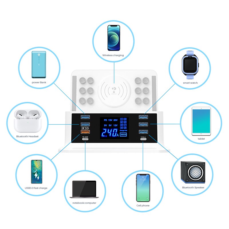 120w usb-anschlüsse,  pd 65w schnellladegeräte, 3.0 adapter-hubs 8 kabellose ladestation mit pd-schnellladefunktion für macbook pro, lenovo und iphone