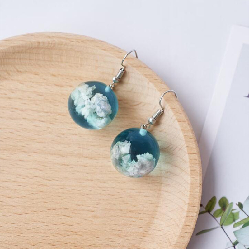 Exquisito pendientes redondos de cristal con de cielo azul y nubes blancas, aretes colgantes con gancho de Metal de Color plateado con personalidad