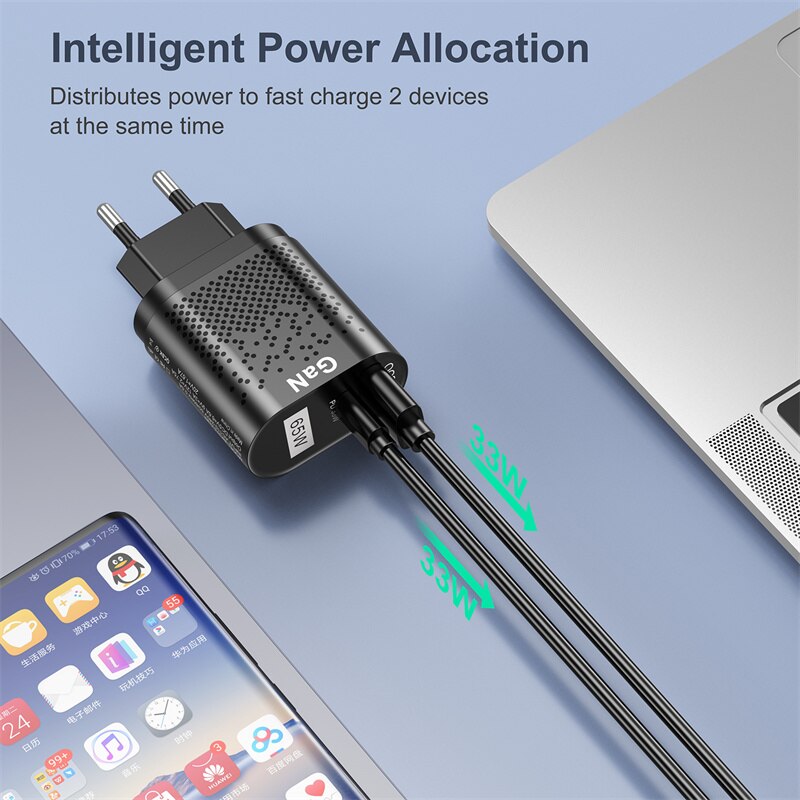 USLION 65W GaN ładowarka USB szybkie ładowanie QC 3.0 PD3.0 typ C szybka ładowarka dla iPhone 13 12 Pro Max Huawei Samsung S22 Xiaomi 12