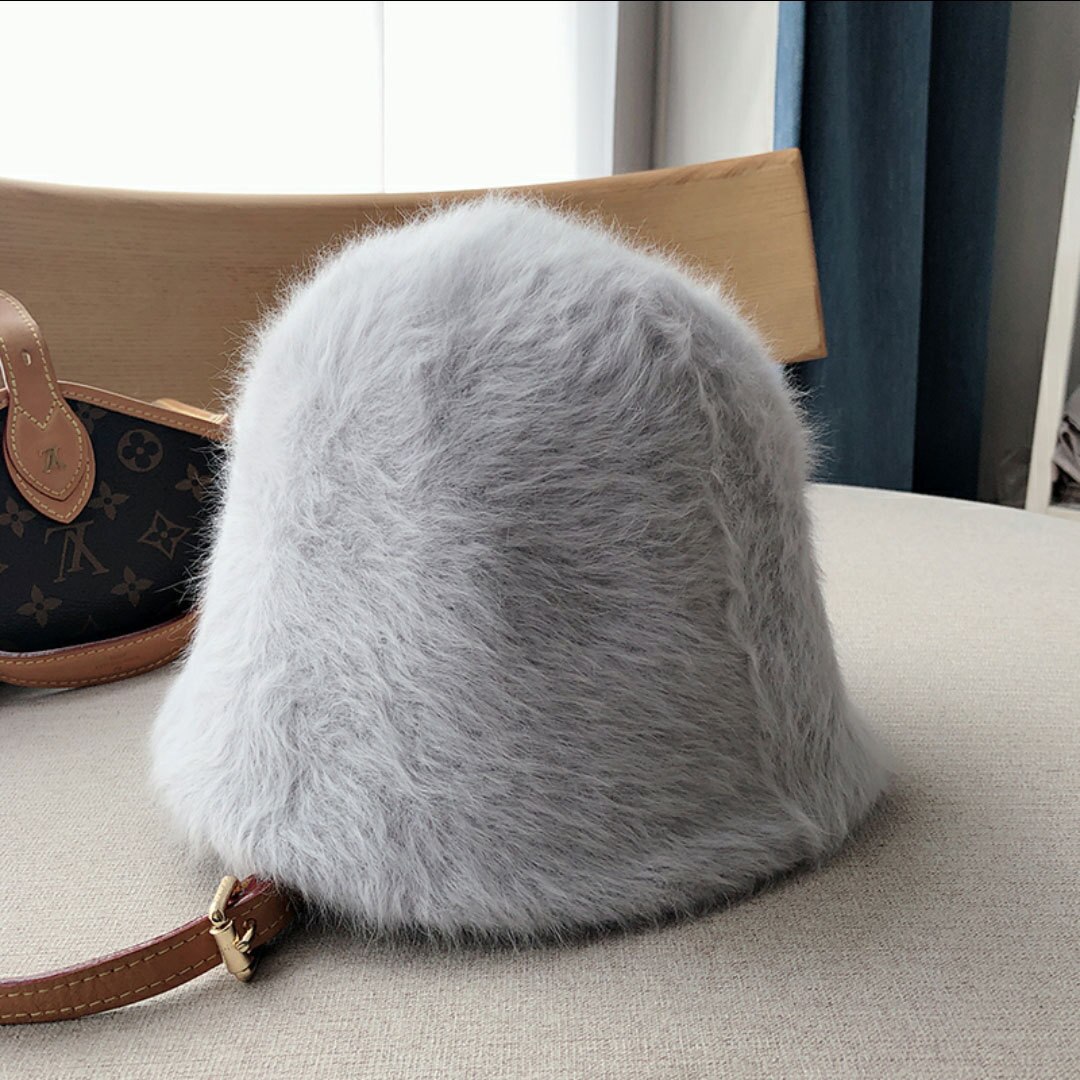Sombrero de pelo de conejo para mujer, sombrero de pescador de felpa del Joker, versión coreana, muestra la cara, sombrero de cubo pequeño, sombrero de lavabo de día cálido: Gray